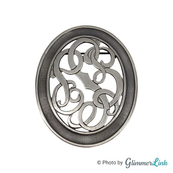 Vintage Large Oval Open Scroll Work Silver Tone Brooch - Picture 1 of 9